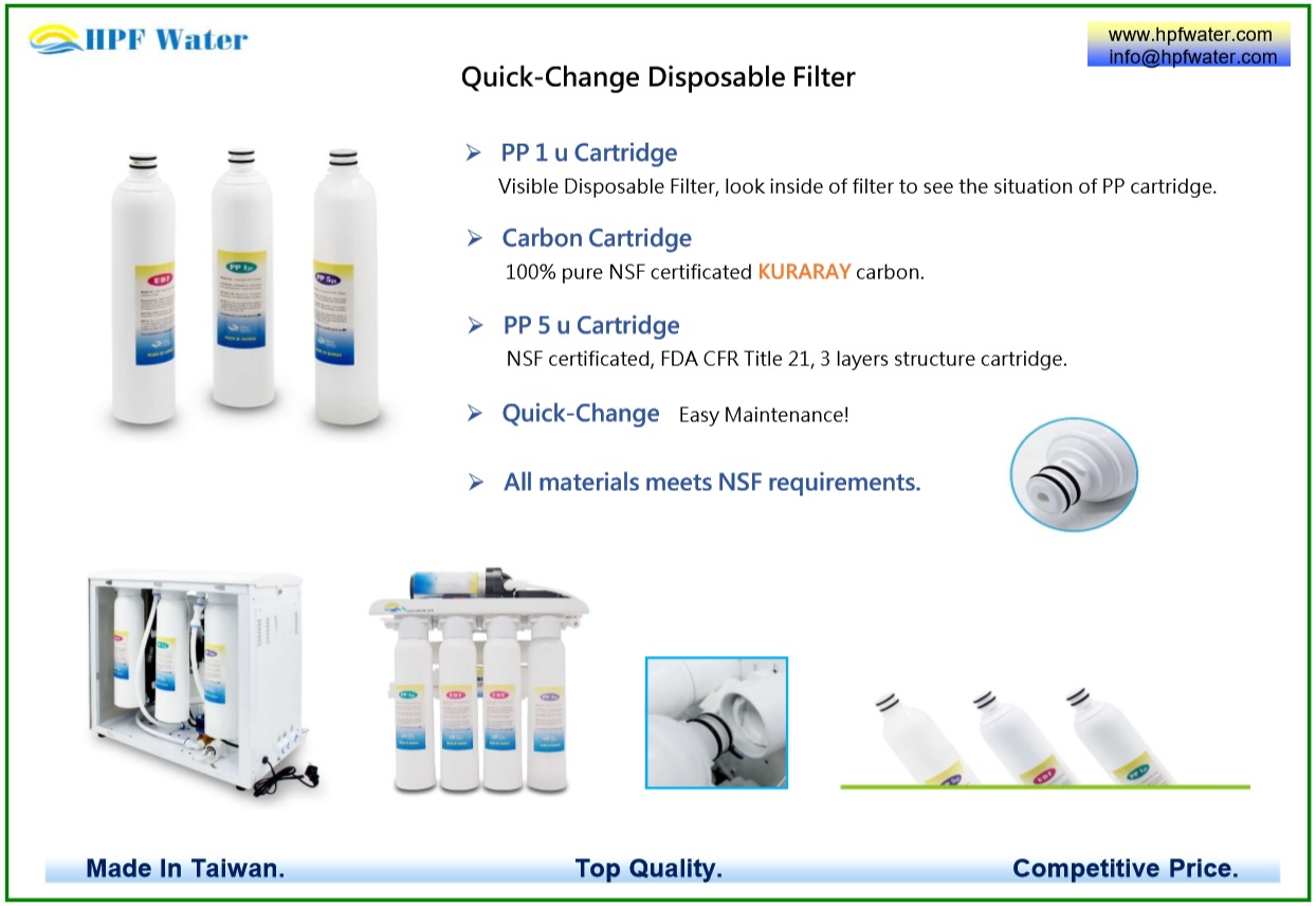 Quick-change Disposable Filter meets NSF requirements made in Taiwan.